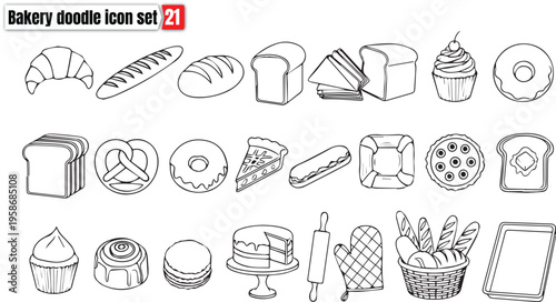 Bakery doodle icon set. Cute hand drawn sketch illustrations of bread, baguette, croissant, donut, cake, pie, muffin, pretzel, cookie and toast. Black and white cartoon art for baking and pastry.