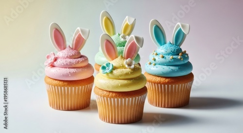 Colorful Easter cupcakes with bunny ears on white background