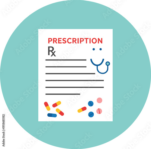 Medical prescription document icon with pills capsules and stethoscope symbols on blue circle background for healthcare pharmacy medicine patient care and clinical services