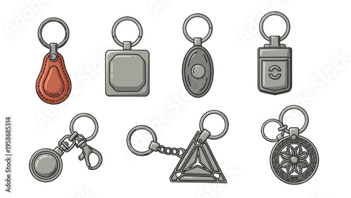 Collection of various metal and leather keychains in different shapes like squares, triangles, and circles for keys and accessory design.