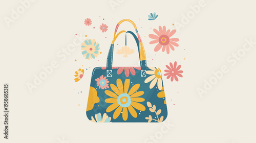 Floral handbag illustration with flowers copy space on cream background