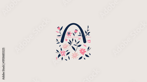 Floral shopping bag illustration delicate flowers and leaves on light background
