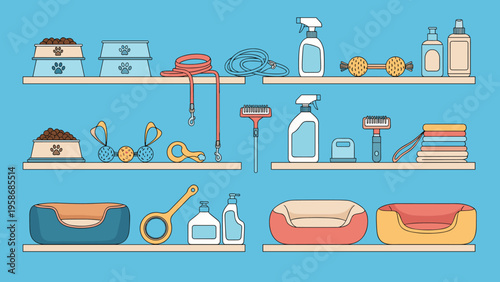 Retail shelves are stocked with various pet supplies including food bowls, toys, grooming brushes, collars, beds, and cleaning products.