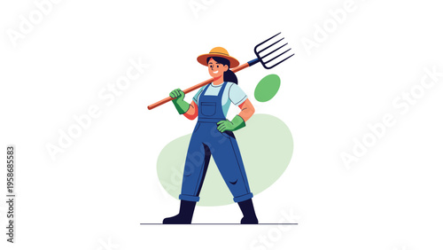 Strong female farm worker dressed in blue overalls and a wide brimmed hat carries a traditional pitchfork over her right shoulder.
