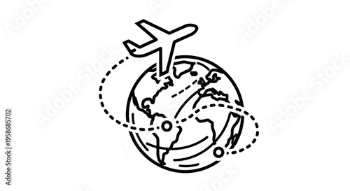 Global Travel Concept Outline Icon: Airplane Flying Around the World, International Flight and Worldwide Journey Vector Symbol