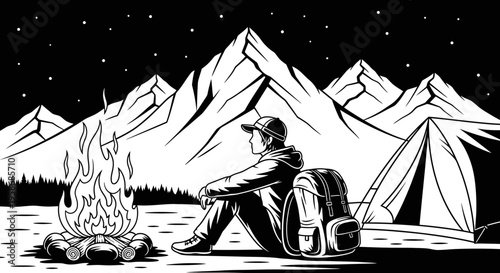 Man enjoys peaceful night camping in the mountains by a warm campfire and tent under a starry sky. Outdoor adventure illustration.