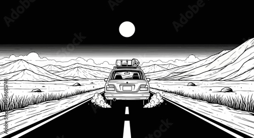 Open road journey: Black and white illustration of a car with luggage driving into a vast mountain landscape under a full moon.