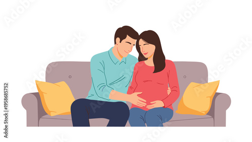 Expectant couple sits comfortably on a sofa as the man gently places his hand on his pregnant partner's belly in a tender moment.