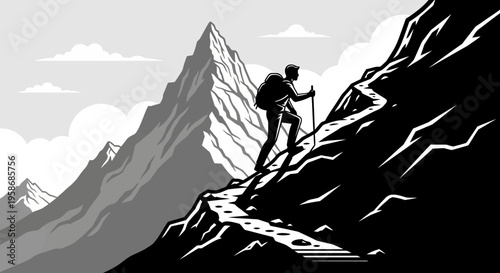 Determined hiker climbing winding mountain path in grayscale, symbolizing success, challenge, growth, and achievement