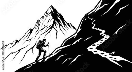 Determined hiker ascending a challenging mountain trail, an inspiring black and white illustration of adventure and personal triumph.