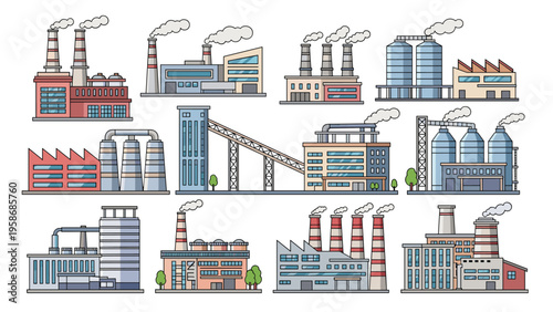 Variety of industrial factory and warehouse building illustrations featuring smoke stacks and storage silos in a flat vector style.