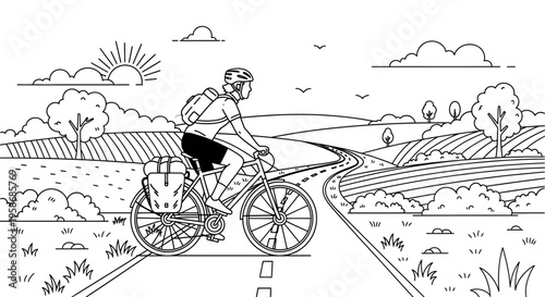 Detailed line art illustration of a cyclist on a bike tour, riding through a scenic rural landscape with rolling hills and fields.