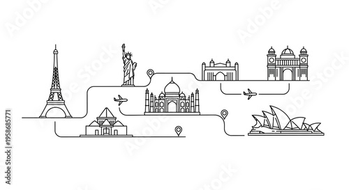 World travel itinerary illustration with iconic global architecture outline. Famous international buildings journey concept.