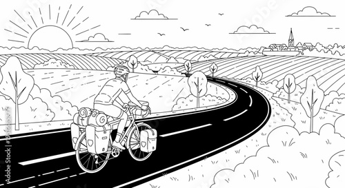 Bicycle Touring Adventure Illustration with Cyclist on Winding Country Road, Fields, and Distant Village at Sunrise