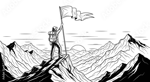 Successful hiker plants flag on majestic mountain peak at sunrise, symbolizing achievement, victory, and overcoming challenges.