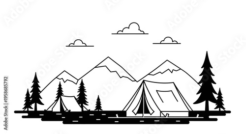 Minimalist Line Art Illustration of a Mountain Campsite with Tents, Pine Trees, and Peaks for Outdoor Adventure Travel