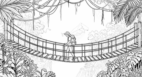 Adventurer crossing a rickety rope bridge over a jungle chasm, dense tropical rainforest line art illustration, wilderness exploration.
