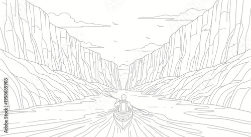 Detailed line art illustration of a kayaker paddling through a majestic river canyon landscape, outdoor adventure concept.