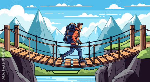 Adventurous Hiker Crossing Rope Bridge Over Mountain Canyon with River Below - Outdoor Exploration Cartoon Illustration