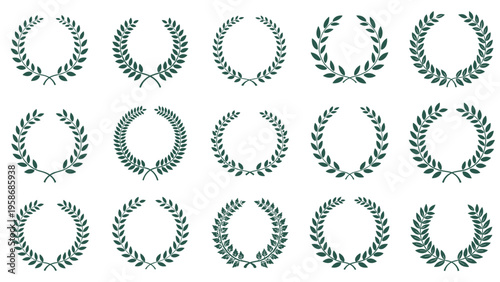 Large set of green laurel wreath icons with a vintage textured finish symbolizing victory, peace, and honor for design projects.