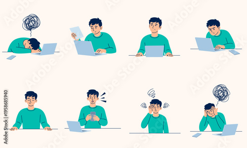 Set of male character emotions while working on laptop, showing stress, fatigue, frustration and burnout in minimal flat vector style
