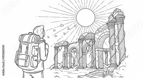 Explorer with backpack looking at ancient ruins, sun shining. Historical travel adventure illustration, black and white line art.