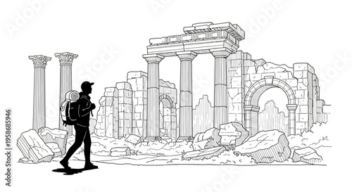 Backpacker silhouette exploring ancient architectural ruins with columns and fallen stones. Hand-drawn travel illustration.
