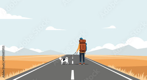 Traveler with dog walking on a long, empty road through a scenic open landscape towards distant mountains, symbolizing adventure and journey.