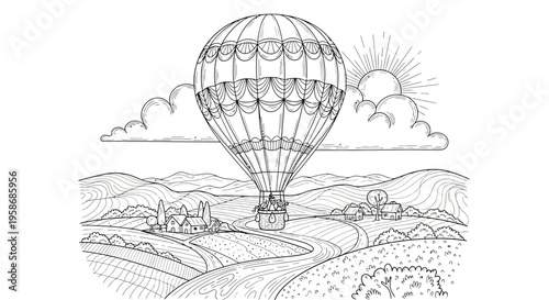 Detailed line art illustration of a hot air balloon flying over a serene rural landscape with hills, fields, river, village, and dawn sky.