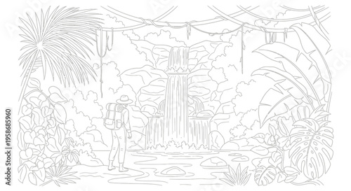 Detailed Line Art: Explorer in Tropical Jungle by Waterfall, Lush Rainforest Landscape for Coloring