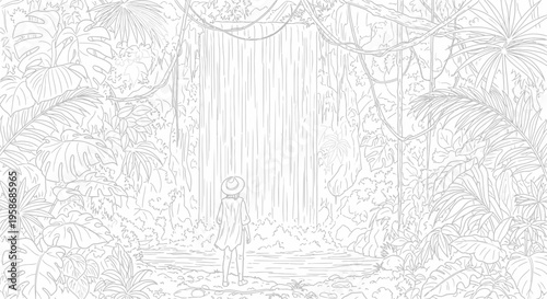 Detailed line art illustration of a person facing a majestic waterfall in a dense tropical jungle, nature coloring page