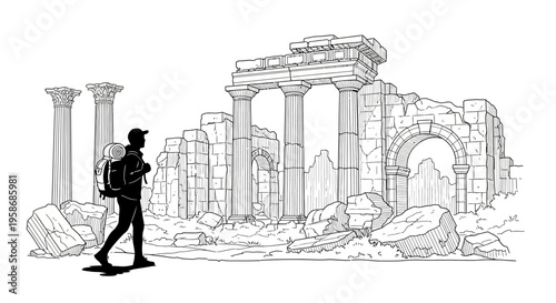 Traveler with backpack exploring ancient ancient ruins, historical site outline illustration, adventure journey discovery vector graphic