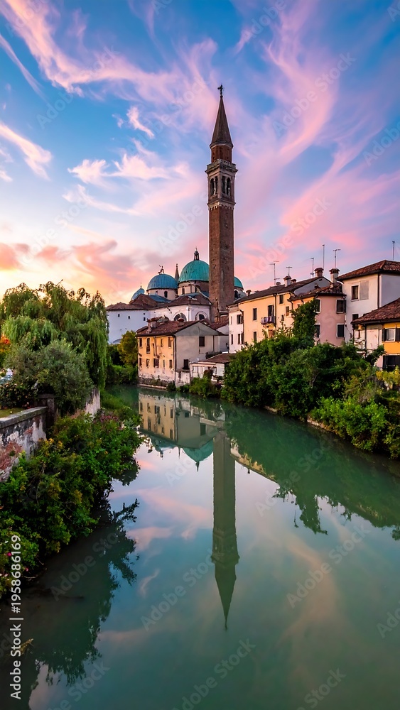Obraz premium Tranquil river flows through a quaint town, reflecting a tower against a sunset sky
