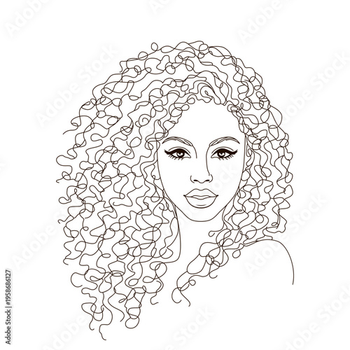 Minimalistic modern silhouette of a beautiful young woman's face with long hair. Poster for advertising organic cosmetics or a beauty salon, eyelash extensions, or beauty injections. Flat vector
