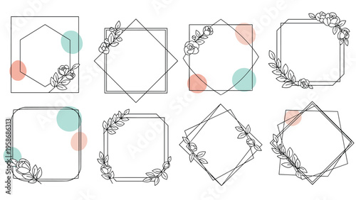 Set of elegant floral frames with geometric borders features delicate line art flowers and abstract colored circles for modern stationery.