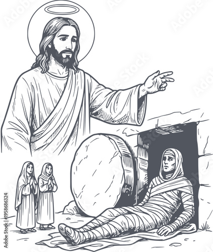 biblical illustration of the resurrection of lazarus by jesus in black fill hand drawn style with no white fills and navy dark lines