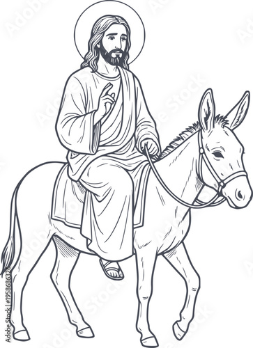 hand drawn black line illustration of jesus christ riding a donkey for palm sunday entrance with halo symbol and no white fill