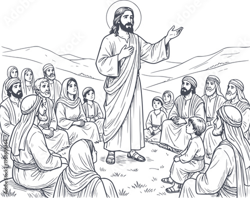 hand drawn illustration of jesus christ preaching the sermon on the mount to a diverse crowd in a landscape no white fills included