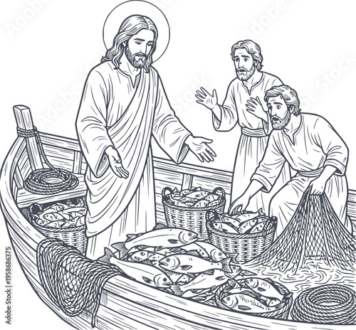 biblical illustration of jesus performing the miracle of the fish with apostles on a boat hand drawn style with black fill and no white fills