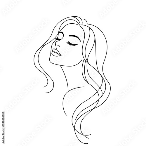 Minimalistic modern silhouette of a beautiful young woman's face with long hair. Poster for advertising organic cosmetics or a beauty salon, eyelash extensions, or beauty injections. Flat vector