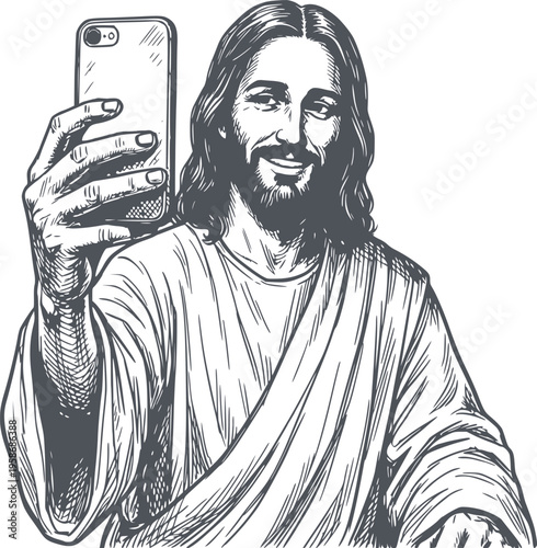 hand drawn illustration of jesus christ taking a selfie with a smartphone black fill style vector graphic with no white fills included