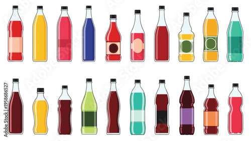 Two rows of diverse beverage bottles in various shapes and colors represent different types of soda, juice, and bottled drinks for sale.