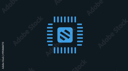 Blue stylized microchip icon on dark background, symbolizing computer processor, CPU hardware, digital technology, and electronic components.