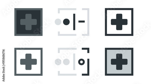 Minimalist UI/UX vector icons featuring plus signs for adding new elements and simple symbols for adjustment or transformation in apps.
