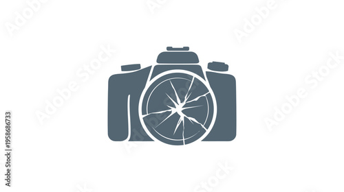 Digital camera with broken lens icon, symbolizing photography equipment damage, repair service, error, or malfunction.