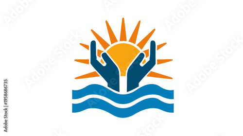 Hands cupping sun over water waves, symbolizing environmental protection, renewable energy, sustainable resources, and nature care graphic.