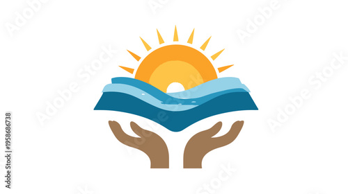 Stylized vector icon of cupped hands holding a radiant sun rising over blue ocean waves, symbolizing nature care, environmental protection, and hope.