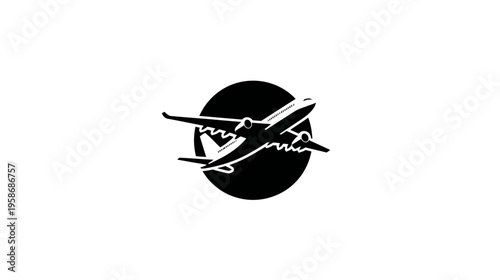 Airplane icon flying in front of a dark circle, representing global travel, aviation, and transport. Stylized monochrome vector graphic.