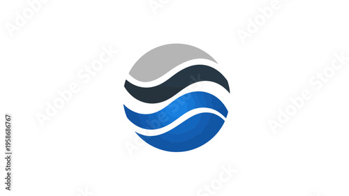 Abstract circular wave logo concept with flowing blue and grey gradient shapes, representing water, energy, clean tech, or sustainability.