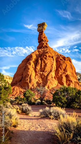Towering red rock formation amidst desert foliage beneath a bright blue sky with clouds